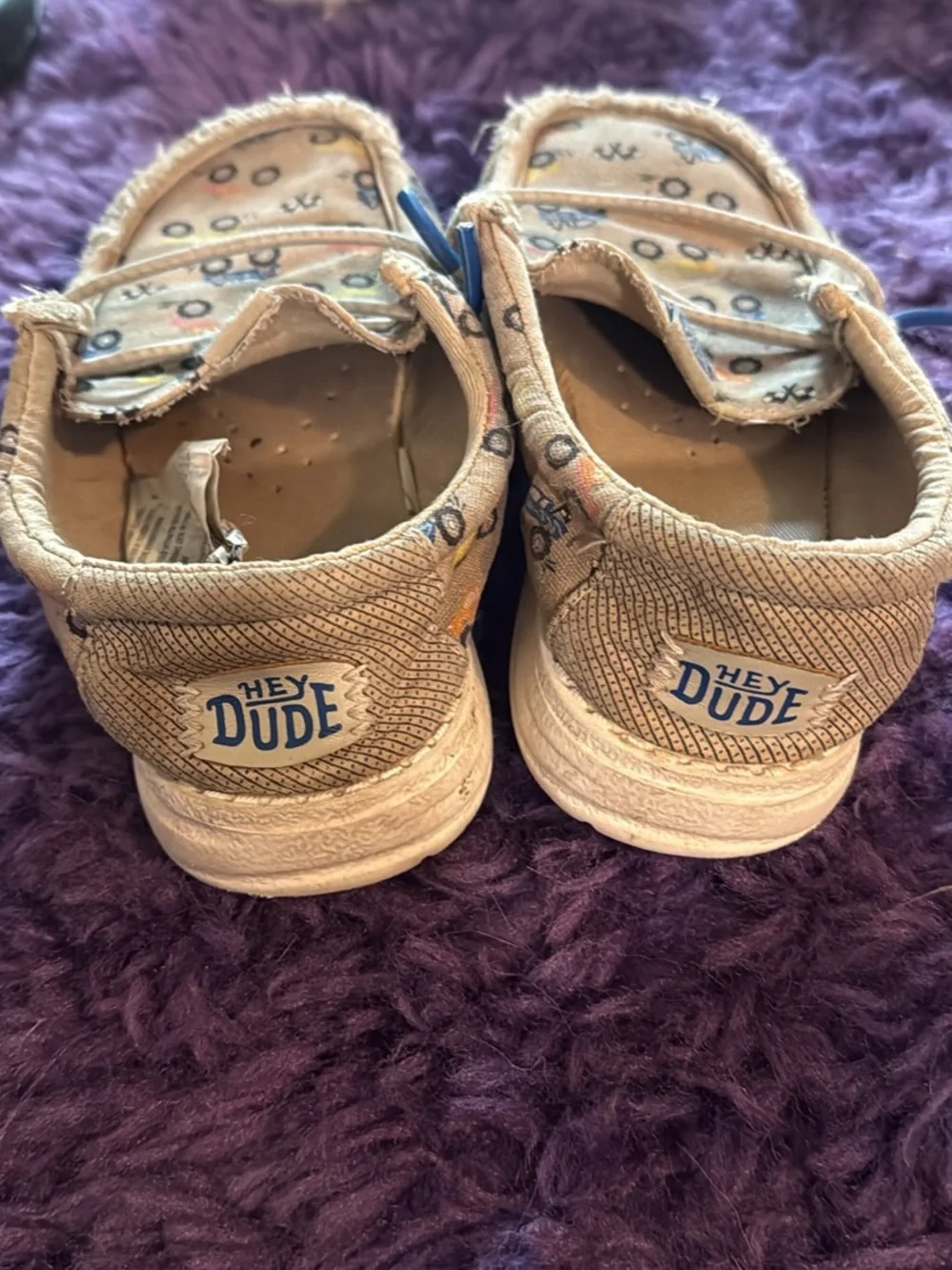 Hey Dude Kids Tan Canvas Slip-On Shoes with Multicolor Car Print